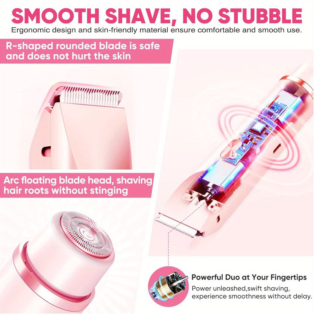 Two-Head Electric Hair Shaver with Foil and Rotary Attachments, Type-C Charging in Pink, Purple or Blue