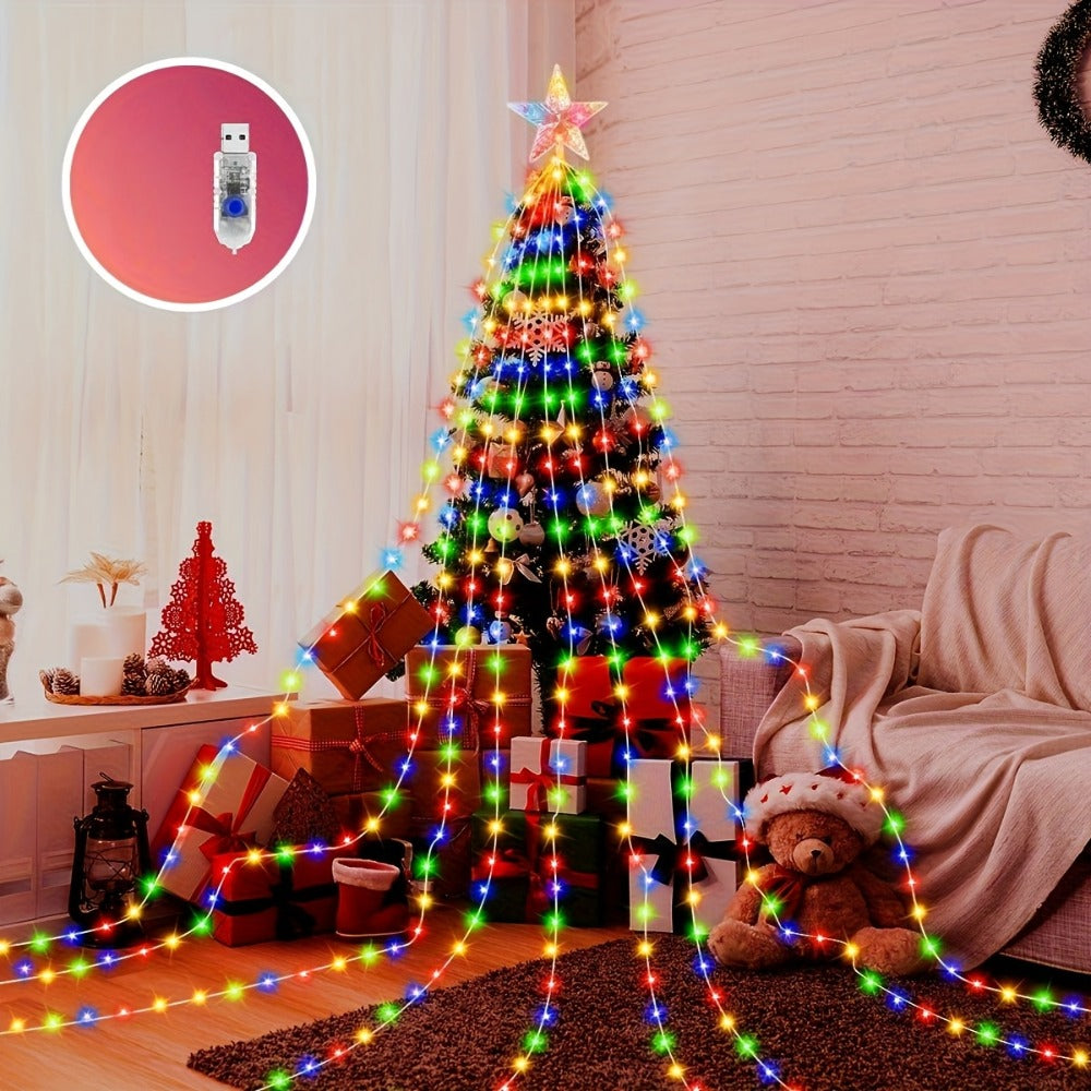 Christmas Tree Waterfall Fairy Lights 200 LED with Star Top Decoration, 8 Lighting Modes — Battery, Solar & USB Powered Indoor Outdoor Colorful Cascading Holiday Light Strip