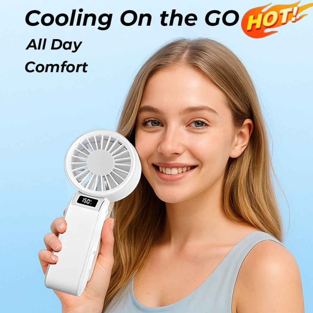 Handheld Fan USB-C Rechargeable 150-Speed Stepless Adjustable Turbo Fan LED Display Foldable Wearable Neck Desk Fan for Outdoor Travel Office Camping Black White Yellow