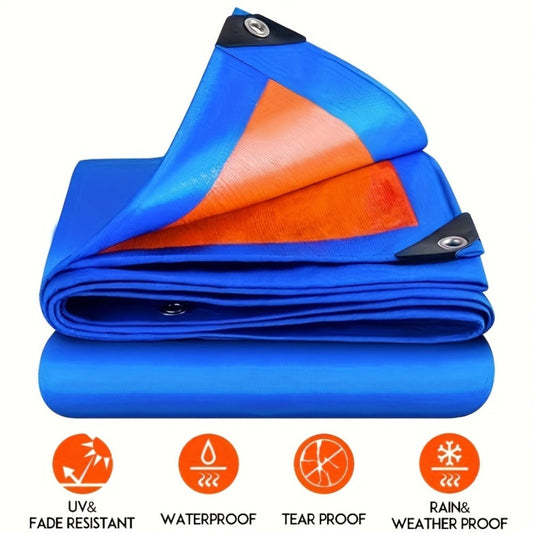 Heavy Duty Tarp Waterproof UV Resistant Tarpaulin – Thickened PE Double-Sided Blue Orange Rainproof Sun Shade Cover with Grommets & Rope for Outdoor Camping Garden Vehicle Boat Protection