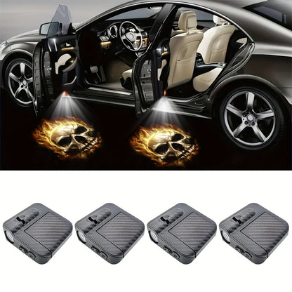 Car Door LED Projector Welcome Light 4-Pack – Flame Skull Ghost Shadow Puddle Lights for Cars & Bikes | Battery Powered | Easy Install Car Decorative Lights