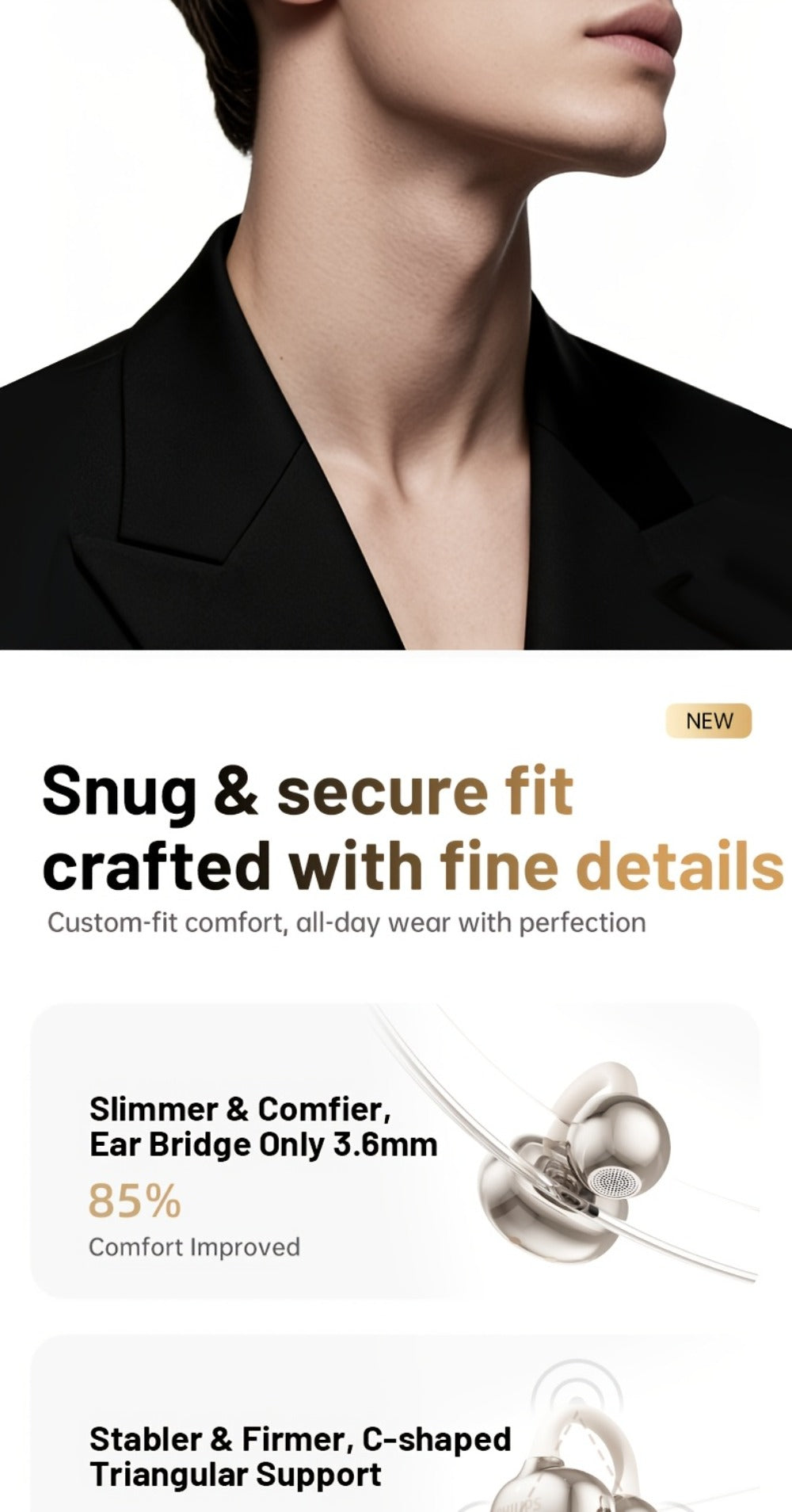 Philips TWS Ear Clip Sport Headset Hi-Fi Bass Stereo HD Calls Earhook Wireless Bluetooth for Music Gaming Business iOS Android Gift for Couples Valentine Black Gold