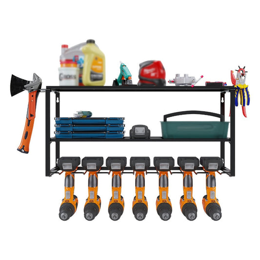 Wall Mount Power Tool Storage Rack, Heavy-Duty 150 Lb Steel 3-Tier & 4-Tier Garage Tool Organizer with 7 Bit Holders – Workshop Shed Basement Wall Storage