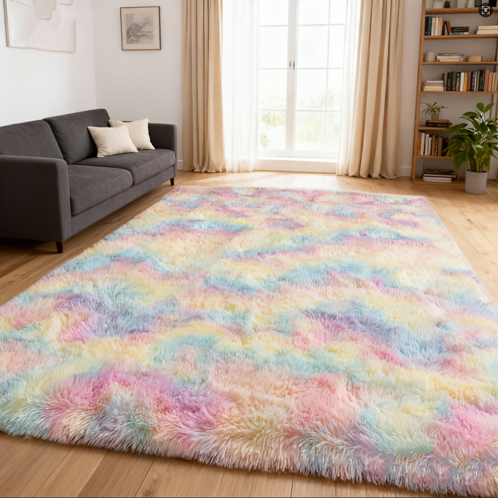 Area Rug Rainbow Tie-Dye Shag with Four Machine-Washable Sizes for Bedroom, Living Room or Office