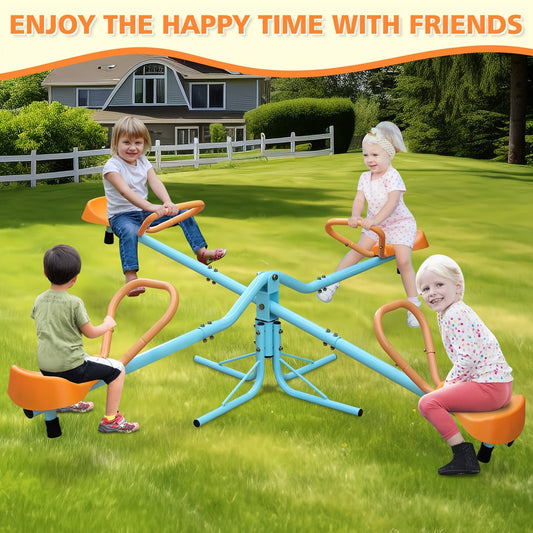 4-Seat Metal Seesaw for Kids Outdoor Backyard Playground – 360 Degree Rotating Teeter Totter with Three-Axle Swivel Design, Sports Field Play Equipment, Assembly Tools Included