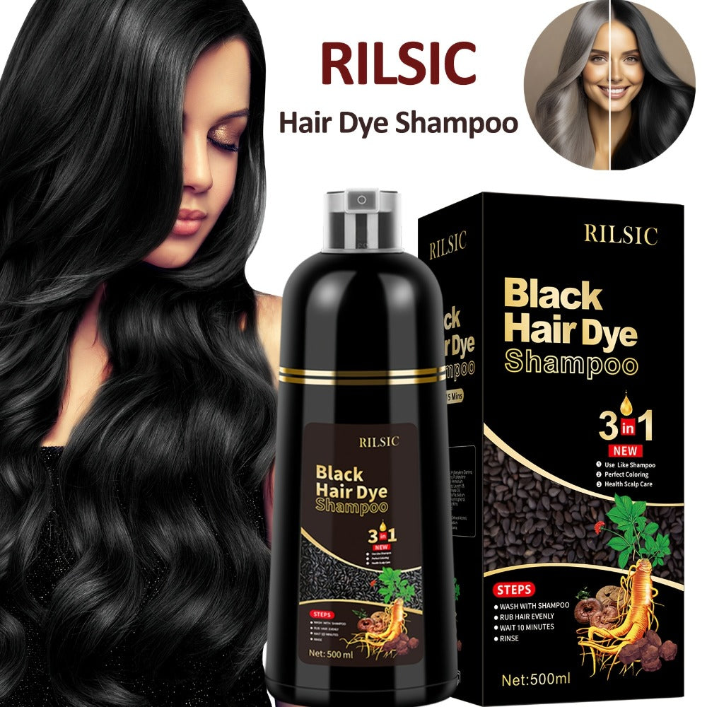 RILSIC 3-in-1 Gray Hair Color Shampoo with Plant Squalene — 100% Gray Coverage Wash & Condition Instant Results, No Mix No Ammonia, 16.91oz / 500ml for Women & Men All Hair Types