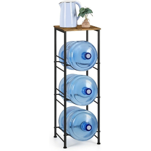 5-Gallon Water Jug Holder 3-Tier – Heavy Duty Water Bottle Rack Organizer with Top Shelf & Adjustable Legs for Kitchen, Living Room & Office – Particleboard & Steel Frame, White, Brown & Black