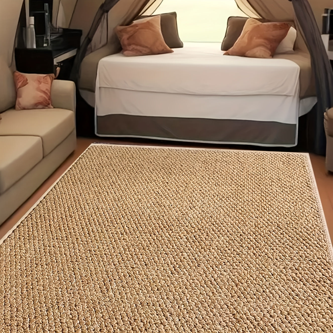 Brown Woven-Look Outdoor Area Rug with Bound Edges and Five Rectangular Size Options for Patio or RV