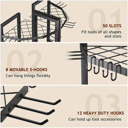 Wall Mount Tool Organizer Rack - Heavy Duty Metal Garden Tool Storage with Hooks for Shovels, Rakes & Long-Handled Tools | Garage, Shed & Backyard Corner Utility Storage