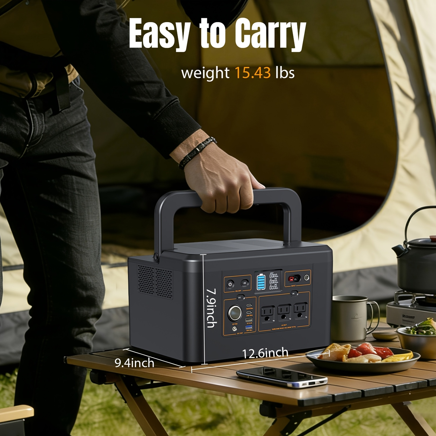 Portable Power Station 576Wh 650W or Compact 150W Configuration with Six Outputs and LED Light