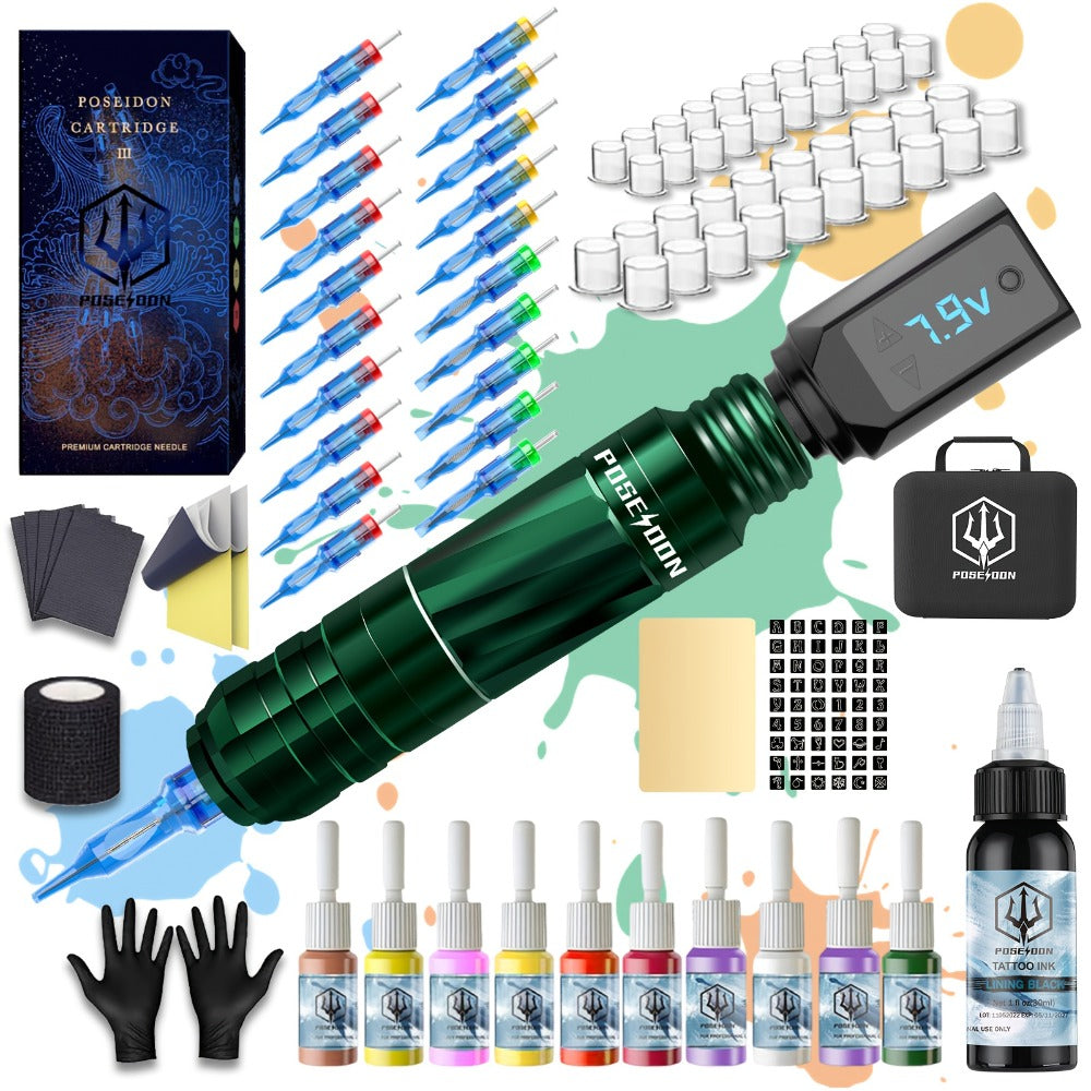 Tattoo Machine Kit POSEIDON V3 PRO LTK06 Wireless Pen with Extra 1400mAh Battery, LCD, 20 Cartridges and 6 Inks