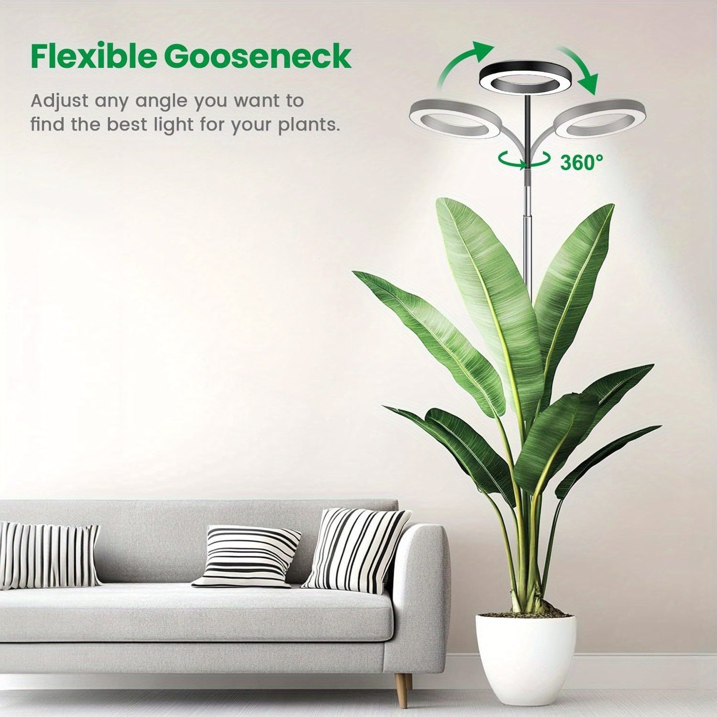 Telescopic Ring LED Plant Lamp with Flexible Gooseneck, 10-65in Pole and Black or White Options