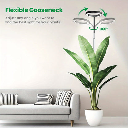 Telescopic Ring LED Plant Lamp with Flexible Gooseneck, 10-65in Pole and Black or White Options