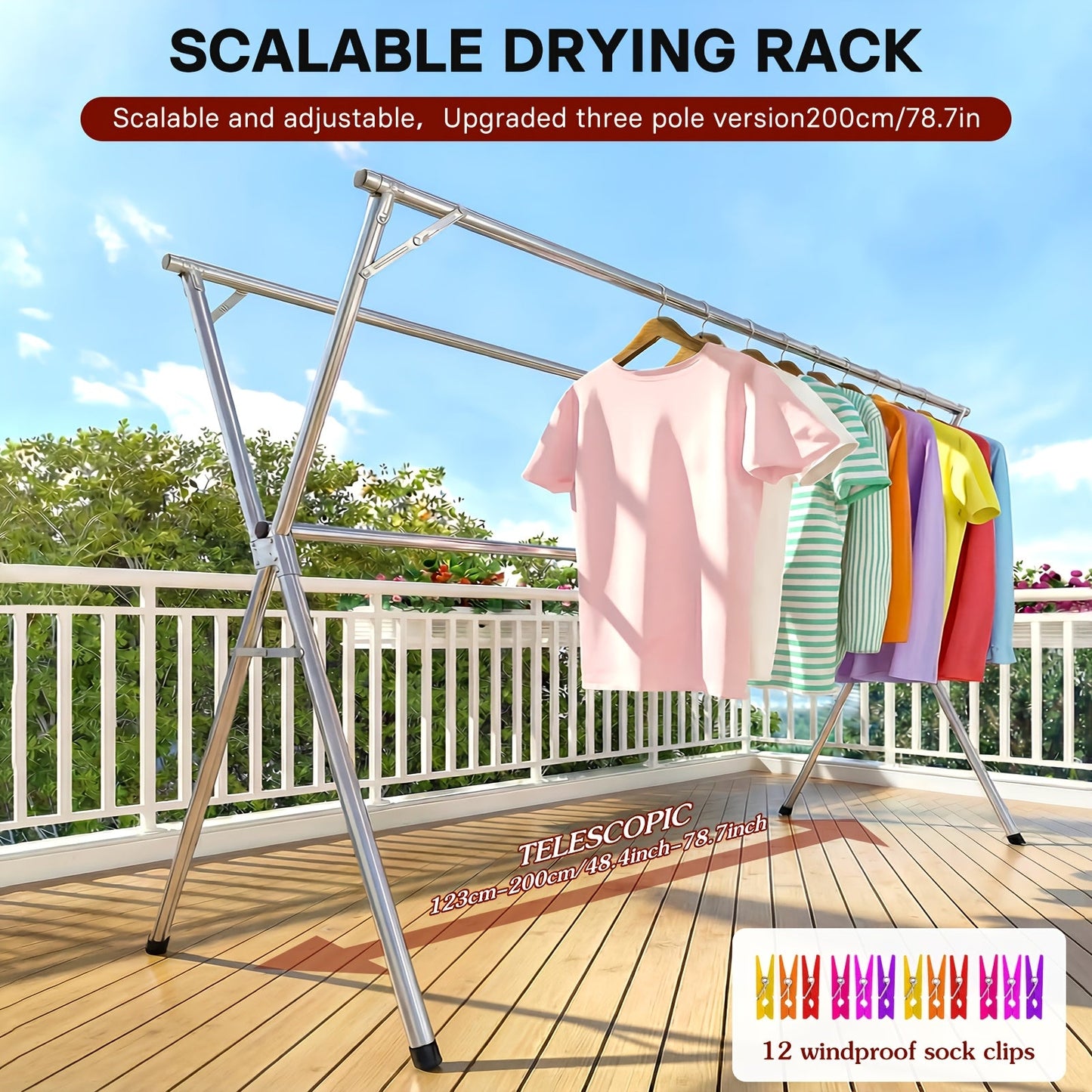 Clothes Drying Rack Collapsible Freestanding, Heavy Duty Stainless Steel Laundry Drying Rack Indoor Outdoor, Adjustable Garment Rack 63" & 79" with Clips