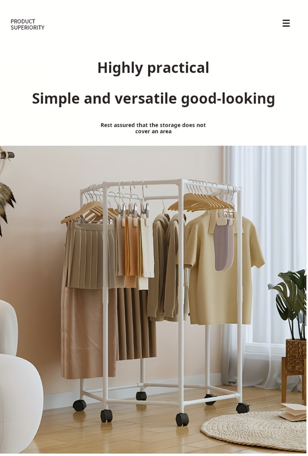 Rotating Hexagonal Garment Rack with Six-Sided Hanging Frame, Casters and Black or White Mesh-Bag Options