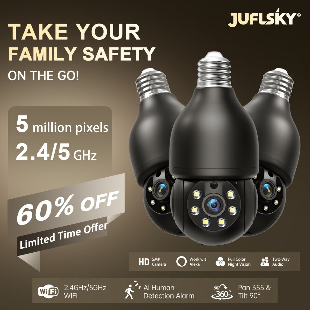 Security Camera 5MP Light-Bulb Model with Dual-Band WiFi, 360 Pan-Tilt, Color Night Vision and 1 or 2 Pack