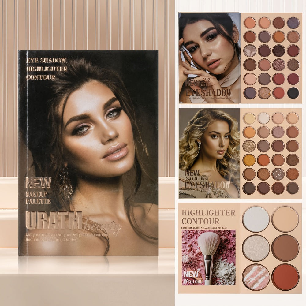 3-in-1 Eyeshadow Blush Highlighter Palette Loose Powder Book-Style Folding Compact Moisturizing Buildable Pigment Luminous Finish for Daily Glam Travel Gift Women