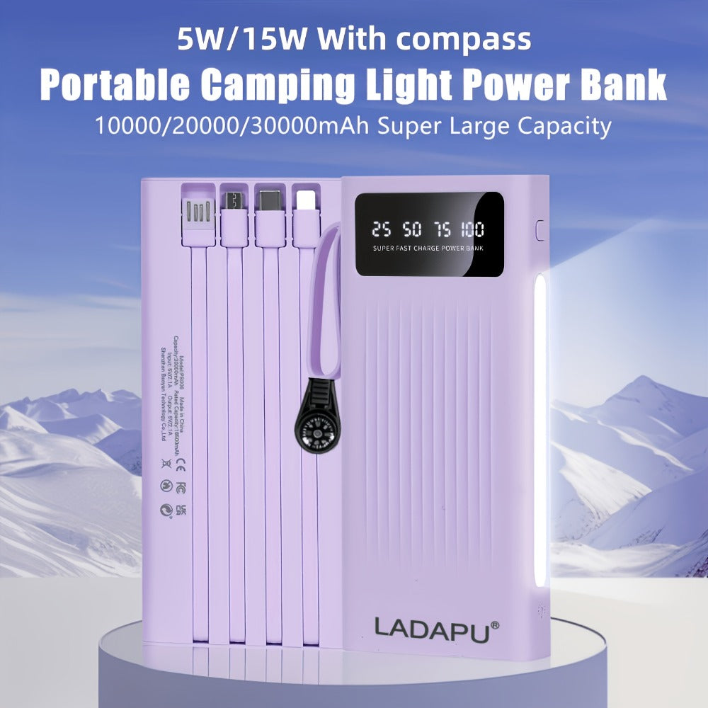 Power Bank 10000-30000mAh with 15W Charging, Four-in-One Cable and Four-Mode Camping Light