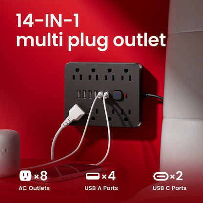 Power Strip Flat-Plug Wall-Mount 14-in-1 with 8 AC Outlets, 4 USB-A, 2 USB-C and 5- or 10-Foot Cord
