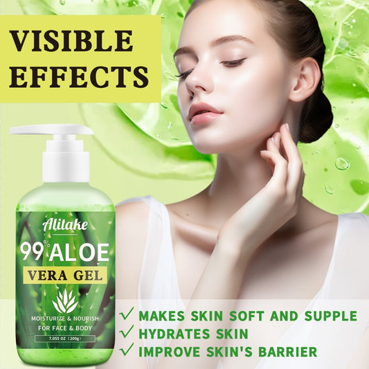 99% Pure Aloe Vera Gel 200ml / 7oz Fresh-Harvested Within 12 Hours — Lightweight Non-Sticky Soothing Hydrating Gel Face Body Hair Scalp Sunburn Relief All Skin Types Women Men