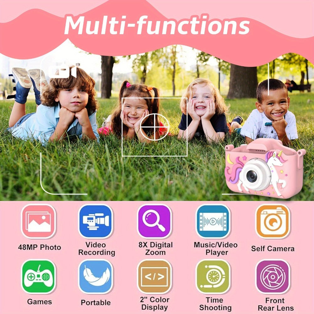 Kids Digital Camera with Rear Screen, Cartoon Unicorn or Dinosaur Shell and Pink, Purple, Blue or Green Options