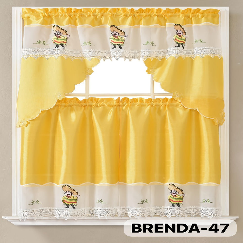 Three-Piece Patterned Kitchen Curtain Set with One Valance, Two Tiers and Forty-Six Exact Design Options