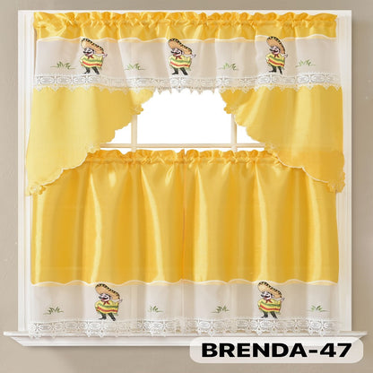 Three-Piece Patterned Kitchen Curtain Set with One Valance, Two Tiers and Forty-Six Exact Design Options