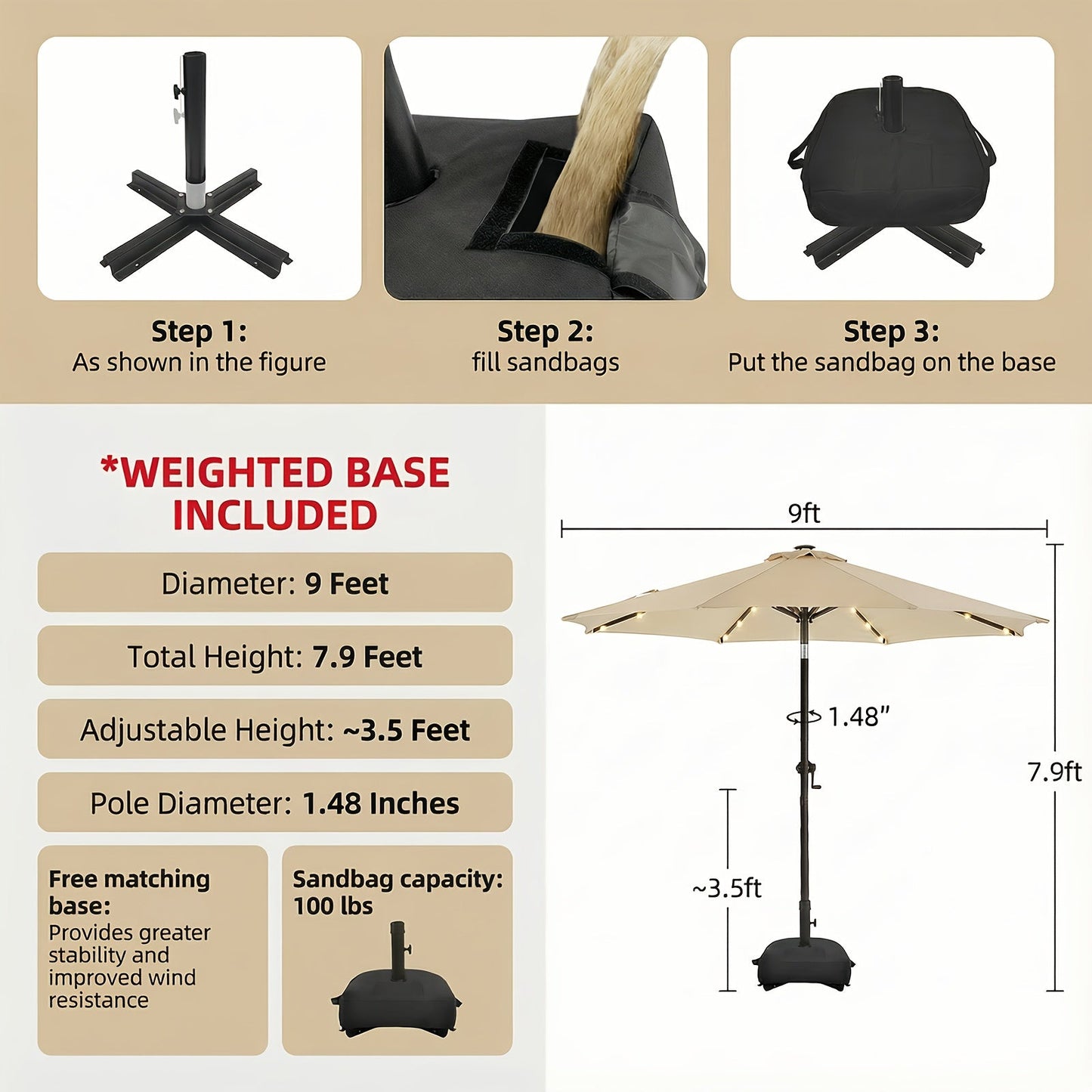 Patio Umbrella 9FT Solar LED Style with 32 Lights, Double Vent, Push Tilt, Crank and Eight Color Options