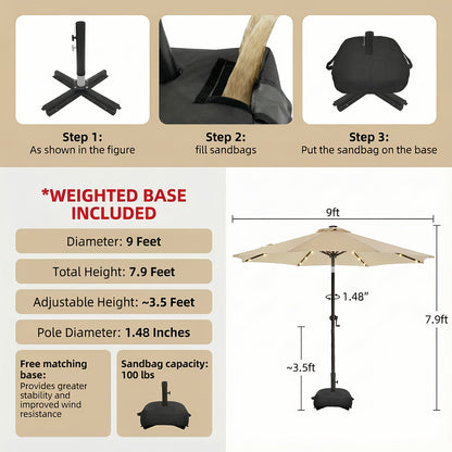 Patio Umbrella 9FT Solar LED Style with 32 Lights, Double Vent, Push Tilt, Crank and Eight Color Options