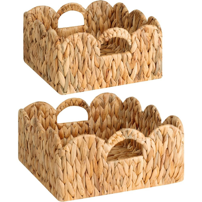 Scalloped Wicker Baskets Set of 2 - Water Hyacinth & Seagrass Woven Rattan Basket with Handles for Shelf, Nursery, Bathroom, Living Room Boho Decor