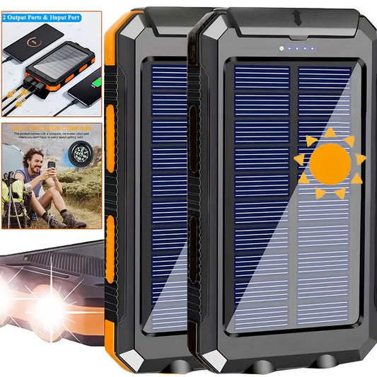 Solar Power Bank 20000mAh 40000mAh Portable Charger with Dual USB LED Flashlight & Compass - Waterproof External Battery Pack for Camping Hiking Outdoor Emergency, Compatible with iPhone Android Samsung