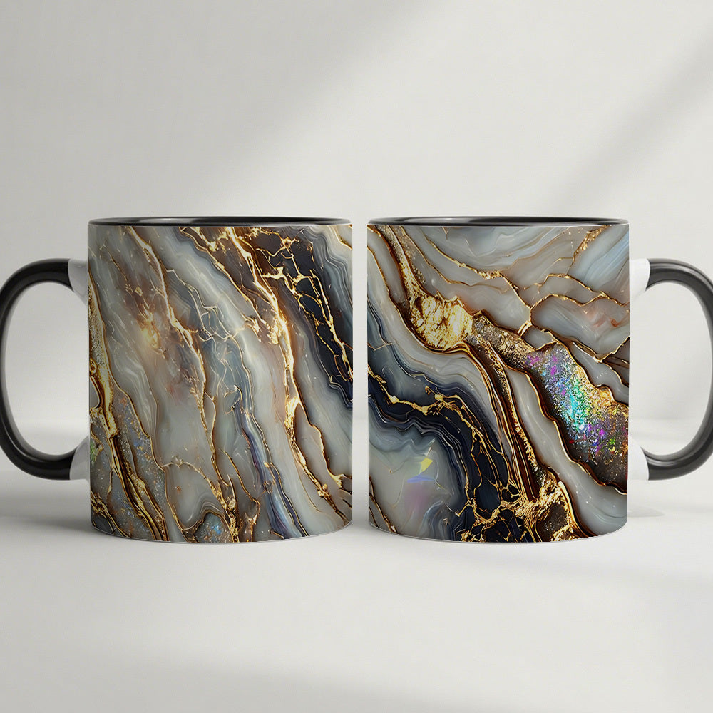 11oz Ceramic Coffee Mug with Agate Vein Print, Black Interior and Black, White or Pink Handle Options