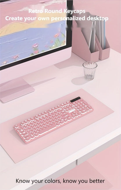 Retro Round-Key Wired Keyboard and 6D Mouse Set with Pink or Blue USB Color Options and One-Touch Lighting