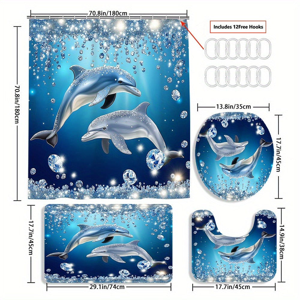 Four-Piece Dolphin Shower Curtain Set with Coordinated Bath Mat, Toilet Rug, Lid Cover and Twelve Hooks