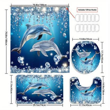Four-Piece Dolphin Shower Curtain Set with Coordinated Bath Mat, Toilet Rug, Lid Cover and Twelve Hooks