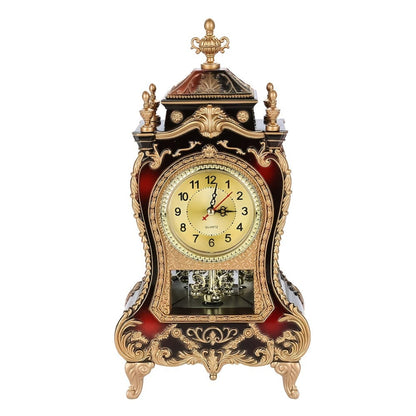 Ornate Brown-Red Tabletop Alarm Clock with Analog Dial, Decorative Pendulum Window and 14-Inch Height