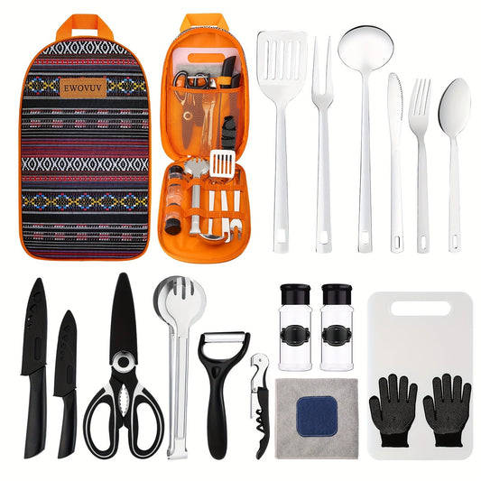 Camping Cookware Set, 17-Piece Bohemia Pattern Camp Kitchen Utensil Kit with Knives, Flatware and Organizer Case