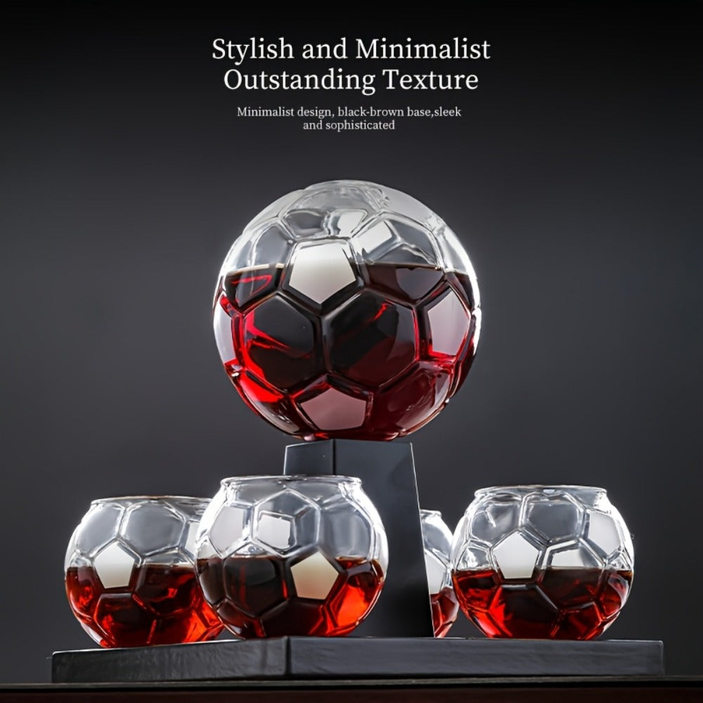 Soccer Ball Whiskey Decanter Set with 30 oz Ball-Shaped Bottle, Four Matching Cups and Black Display Stand