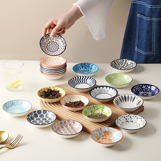 Dipping Sauce Dish Set 10/12 Piece Bohemian Ceramic – Colorful Small Plates for Soy Sauce Vinegar Spices Condiments Sushi Bar Restaurant Kitchen Party Boho Snack Seasoning Plate