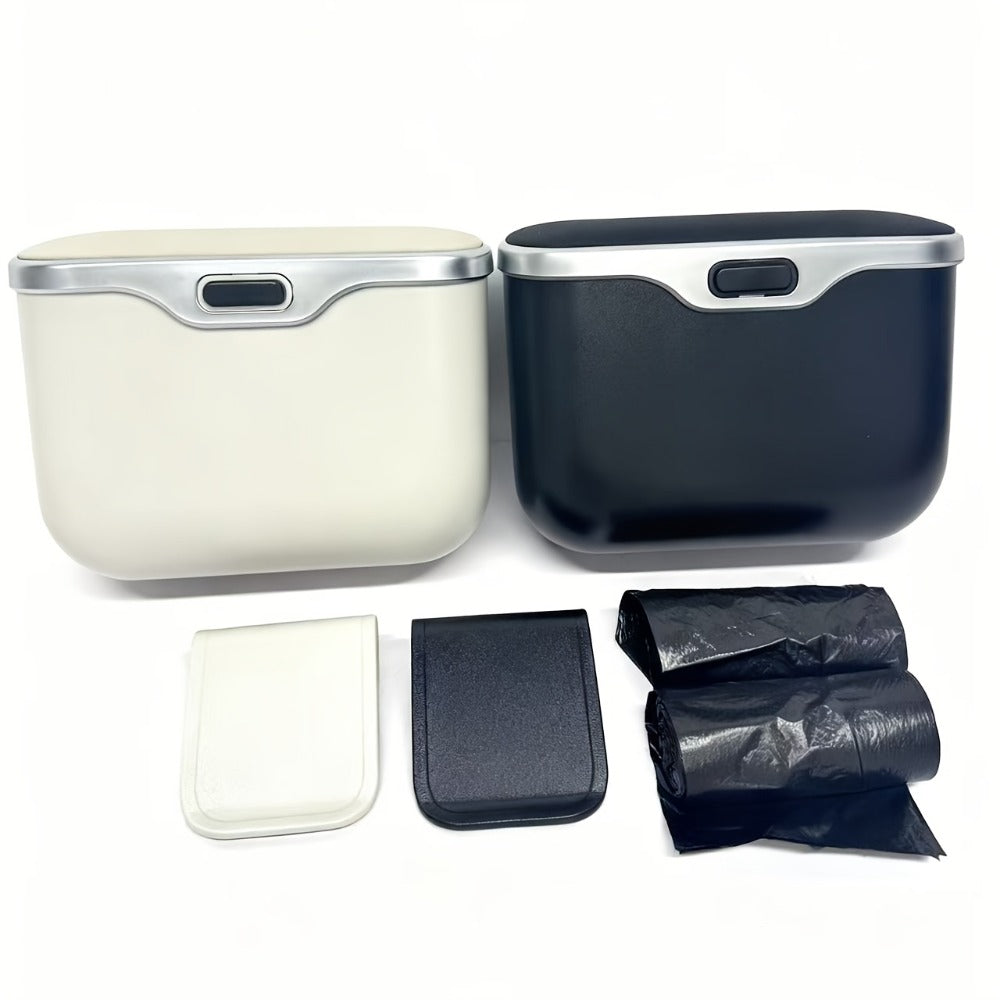 Car Trash Can Leather & ABS – Leak-Proof Auto Garbage Bin with Lid | Dry & Wet Waste | Universal Fit 99% Cars | Includes Garbage Bags | Black & Beige