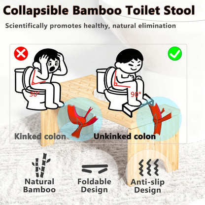 Foldable Bamboo Toilet Footstool with 7-Inch Height, Curved Opening and Anti-Slip Feet for Bathroom Use