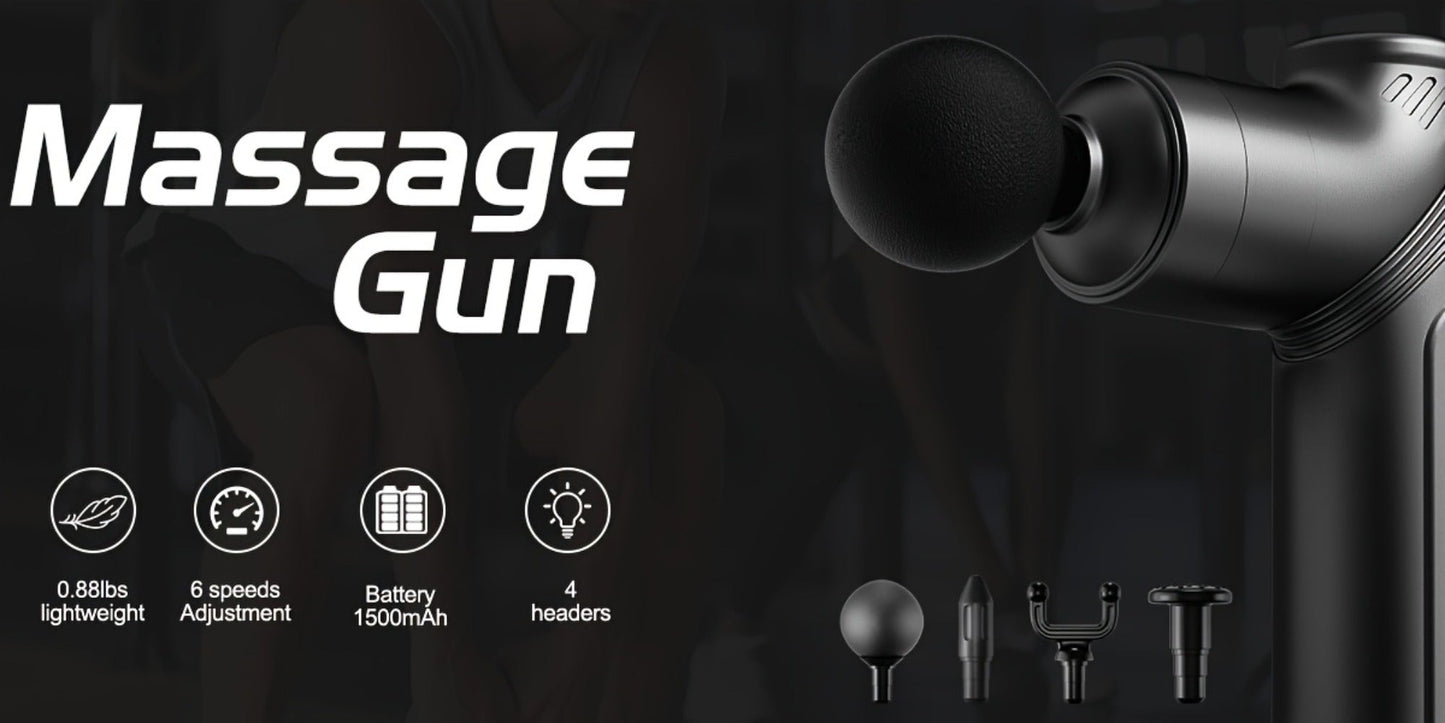 Compact Massage Gun with Six Speed Settings, Four or Eight Interchangeable Heads and Blue or Black Finish Options