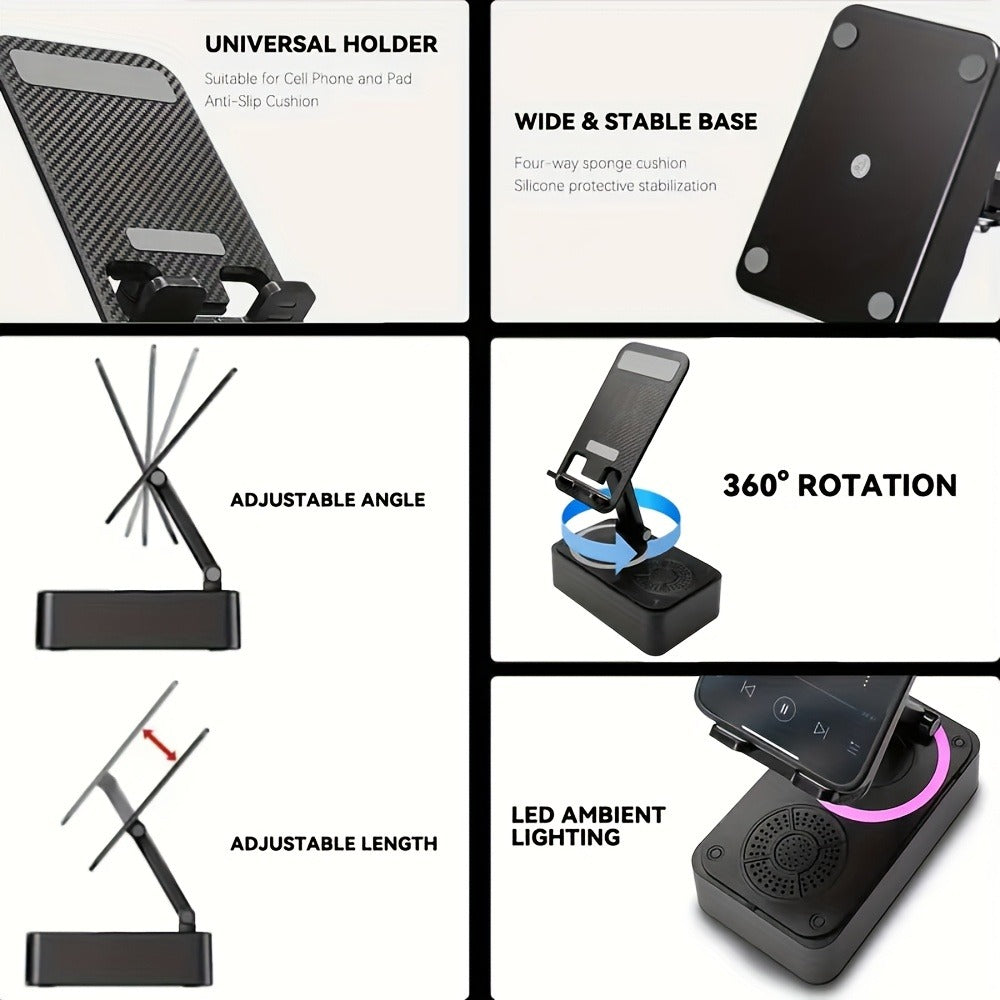 Bluetooth Speaker Phone Holder 5-in-1, 360° Adjustable Tablet Stand with HD Surround Sound, USB Rechargeable Portable Speaker Dock for Smartphones Tablets Home Office Desk