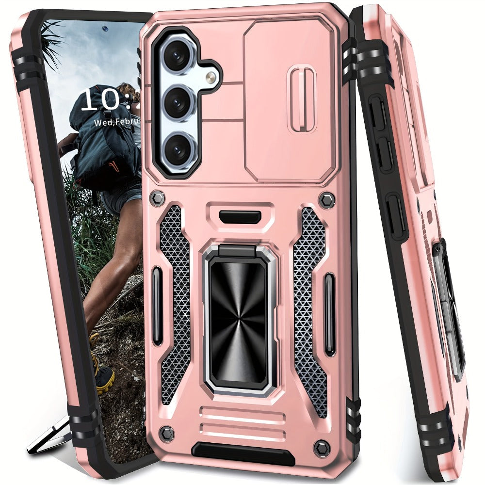 Samsung Galaxy Shockproof Magnetic Phone Case with 360° Rotating Ring Bracket & Sliding Lens Protector – Heavy Duty Cover for S24FE S23FE S22 S21FE Ultra A55 A54 A35 A34 A25 A24 A16 A15 A14 A06 A05 A05S 5G