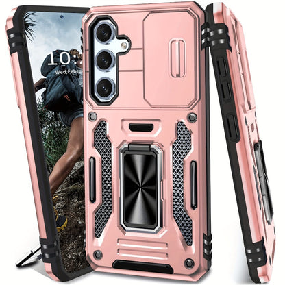 Samsung Galaxy Shockproof Magnetic Phone Case with 360° Rotating Ring Bracket & Sliding Lens Protector – Heavy Duty Cover for S24FE S23FE S22 S21FE Ultra A55 A54 A35 A34 A25 A24 A16 A15 A14 A06 A05 A05S 5G