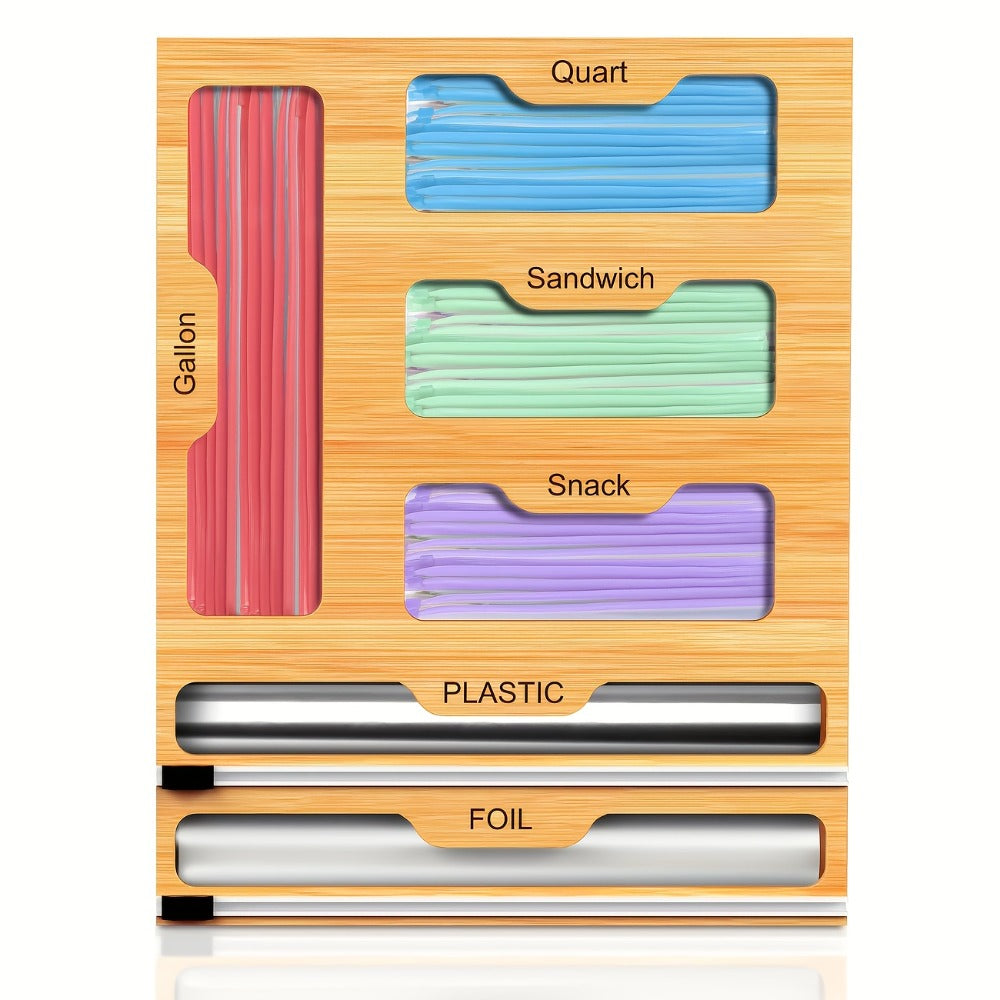 Foil and Bag Dispenser Kitchen Organizer 6-in-1 Bamboo Drawer Box with Built-In Cutter for Home Storage