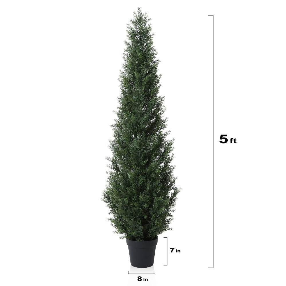 Artificial Cedar Topiary Tree with 3, 4 or 5 ft Height Options, Black Pot and Single or Two-Tree Sets
