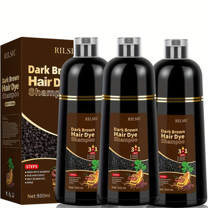 Gray Hair Coverage Shampoo 3-in-1 Hair Dye Shampoo 3-Pack | Herbal Natural Formula Color in Minutes | Long-Lasting Black Brown Chestnut Brown | No Mixing Easy Home Hair Color for Men & Women