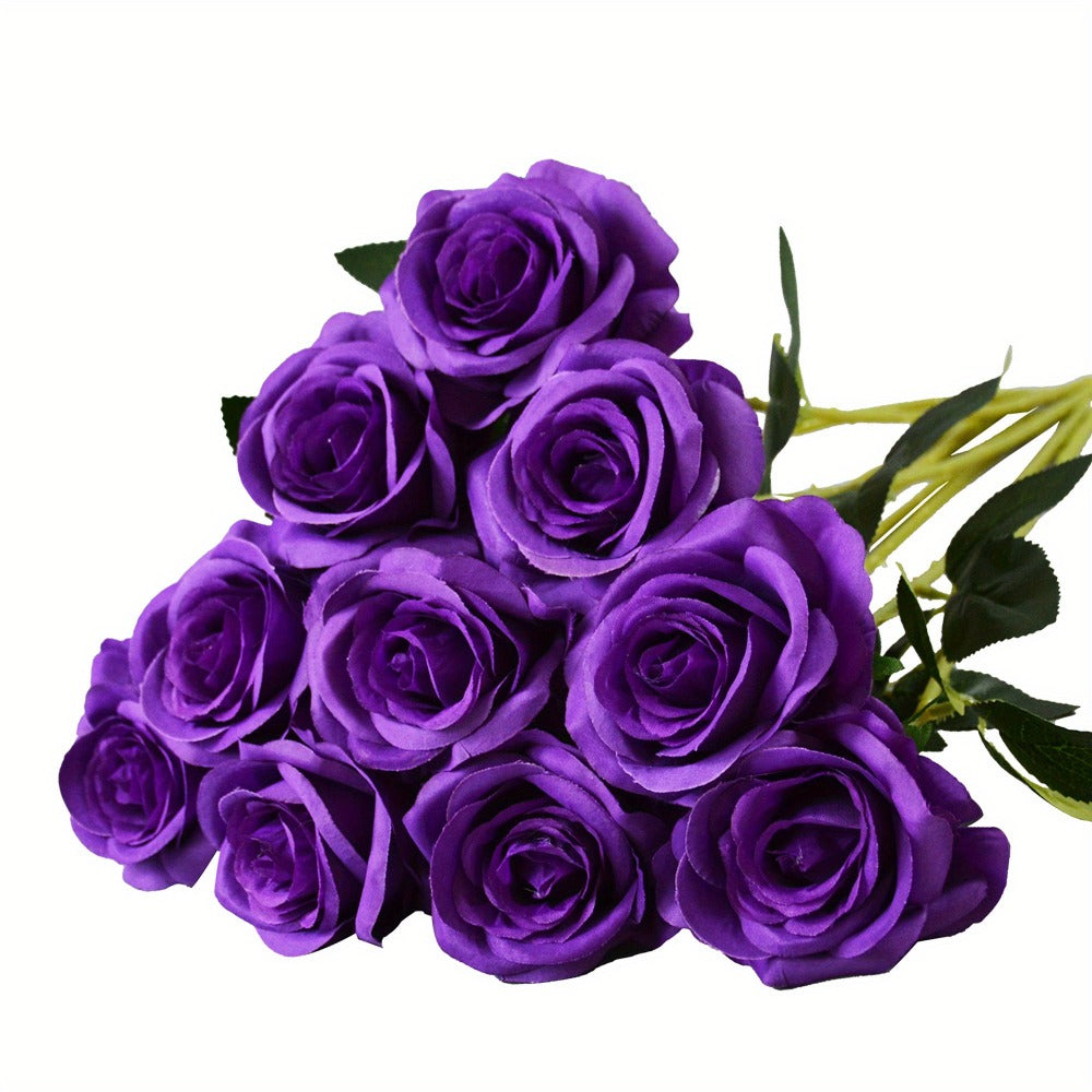 Artificial Flowers 10-Piece Silk Rose Set with 19.69-Inch Bendable Stems in Deep Purple or Dark Green