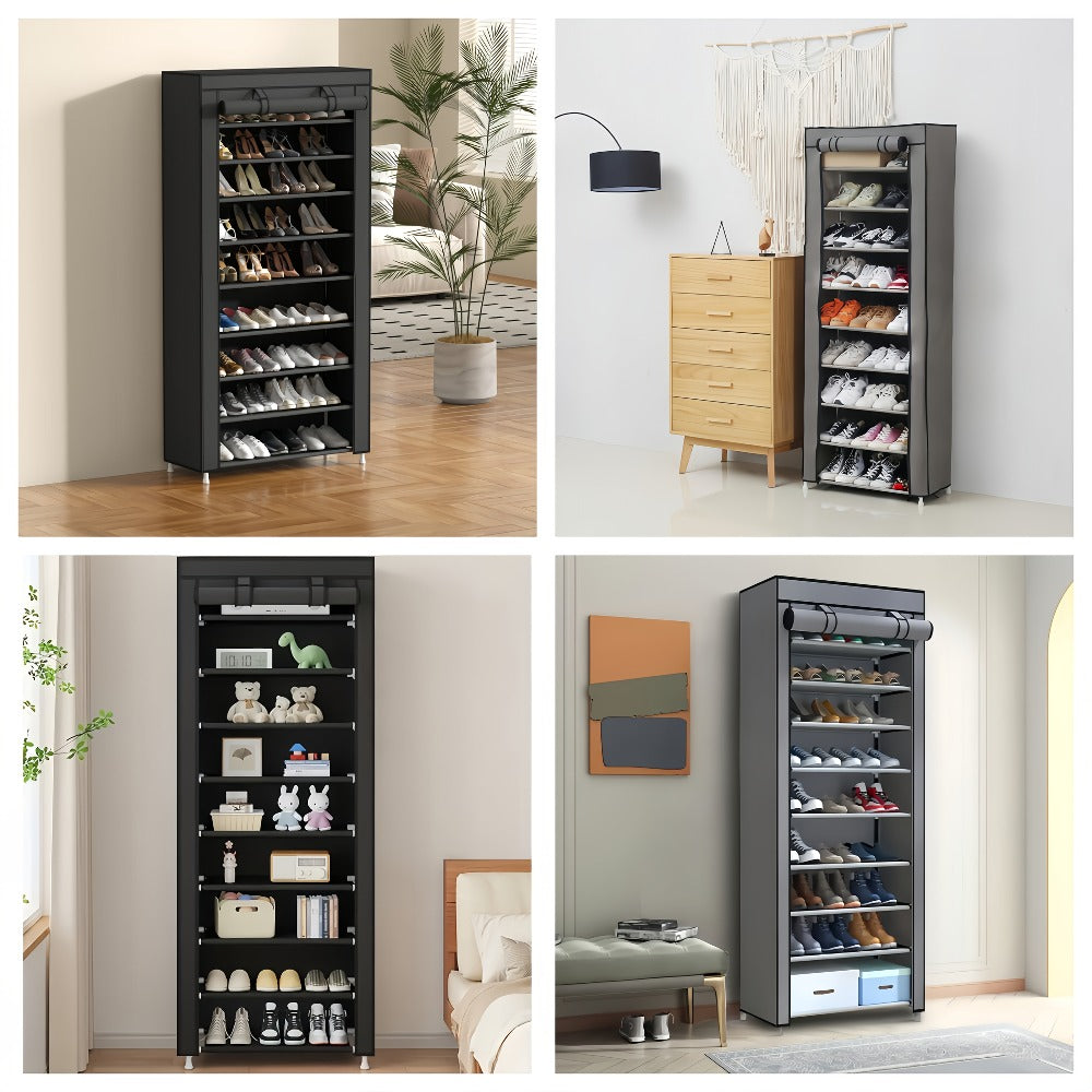 Shoe Rack with Dust Cover – 6/8/10 Tier High-Capacity Space Saving Shoe Organizer, Easy Assembly, 12mm Pipe, Entryway Closet & Wardrobe Storage Rack